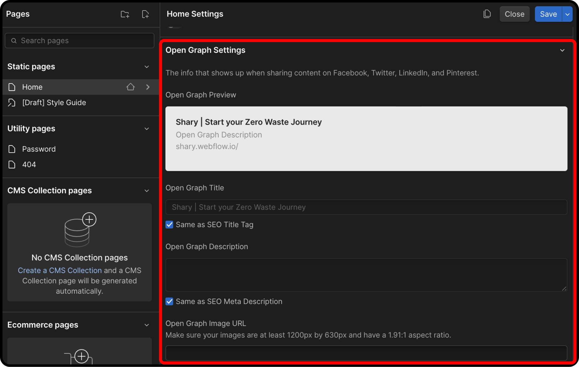 Page Open Graph Settings in Webflow