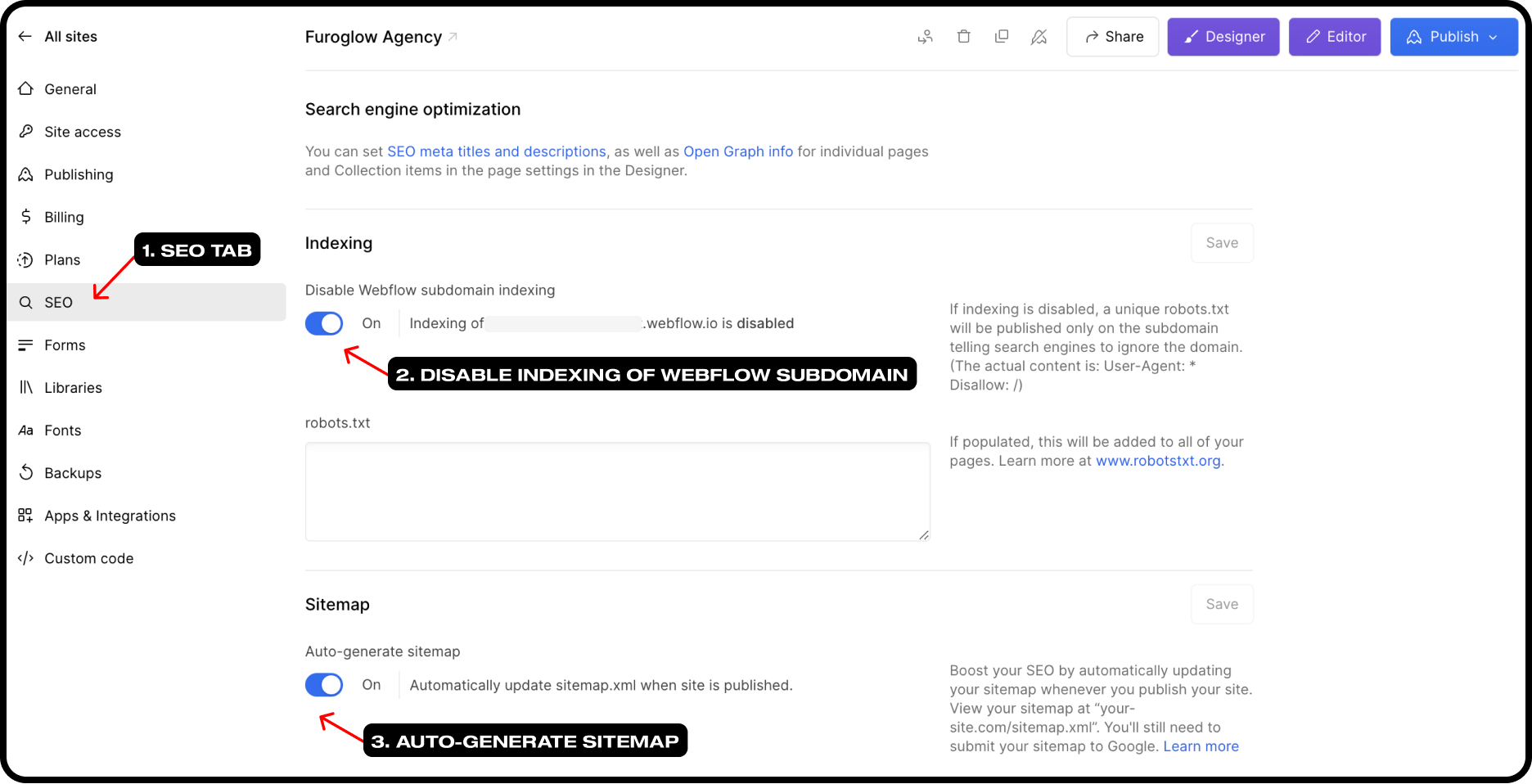 SEO Tab in Site Settings: Indexing and Sitemap options