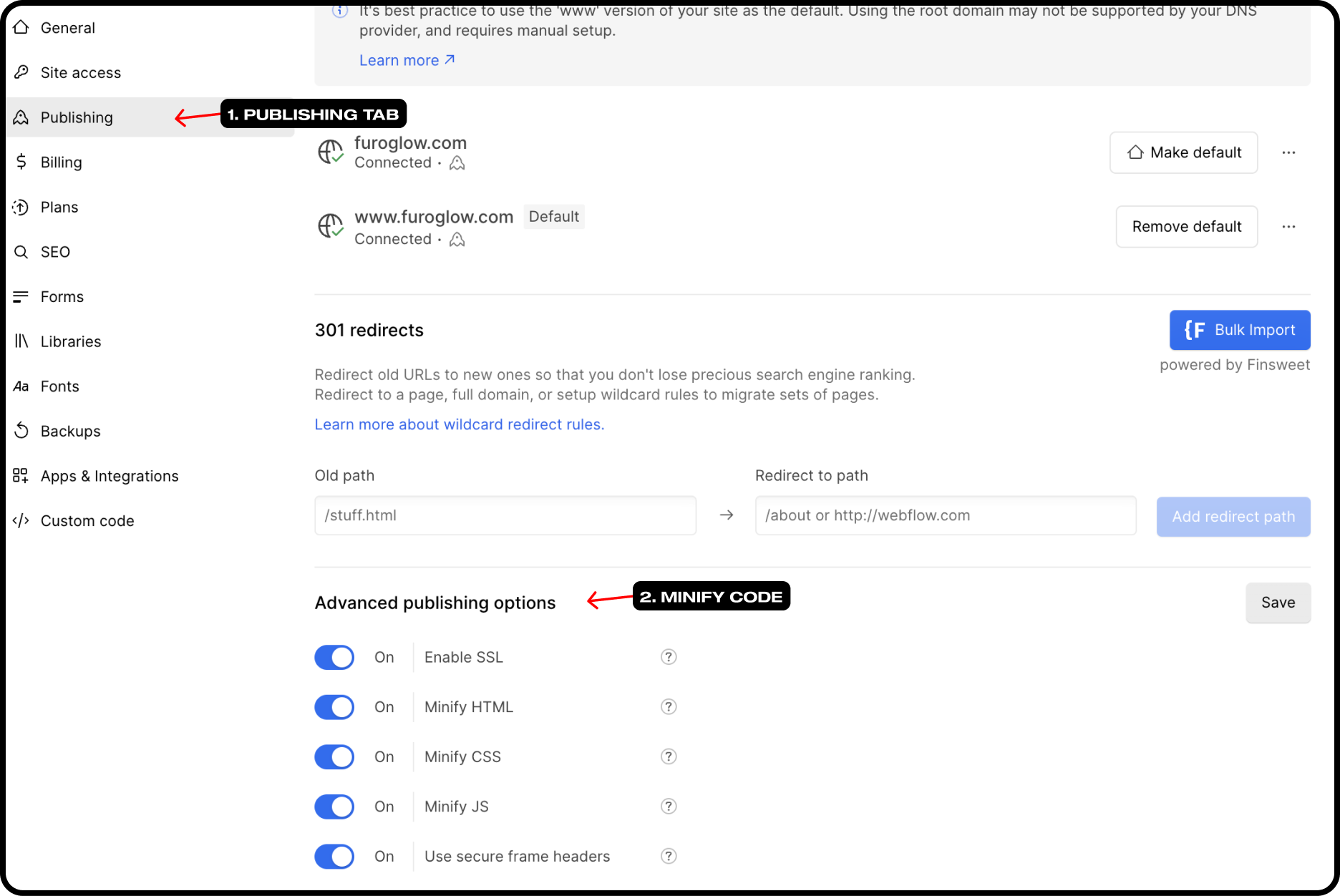 Publishing Tab in Site Settings: Minify Code