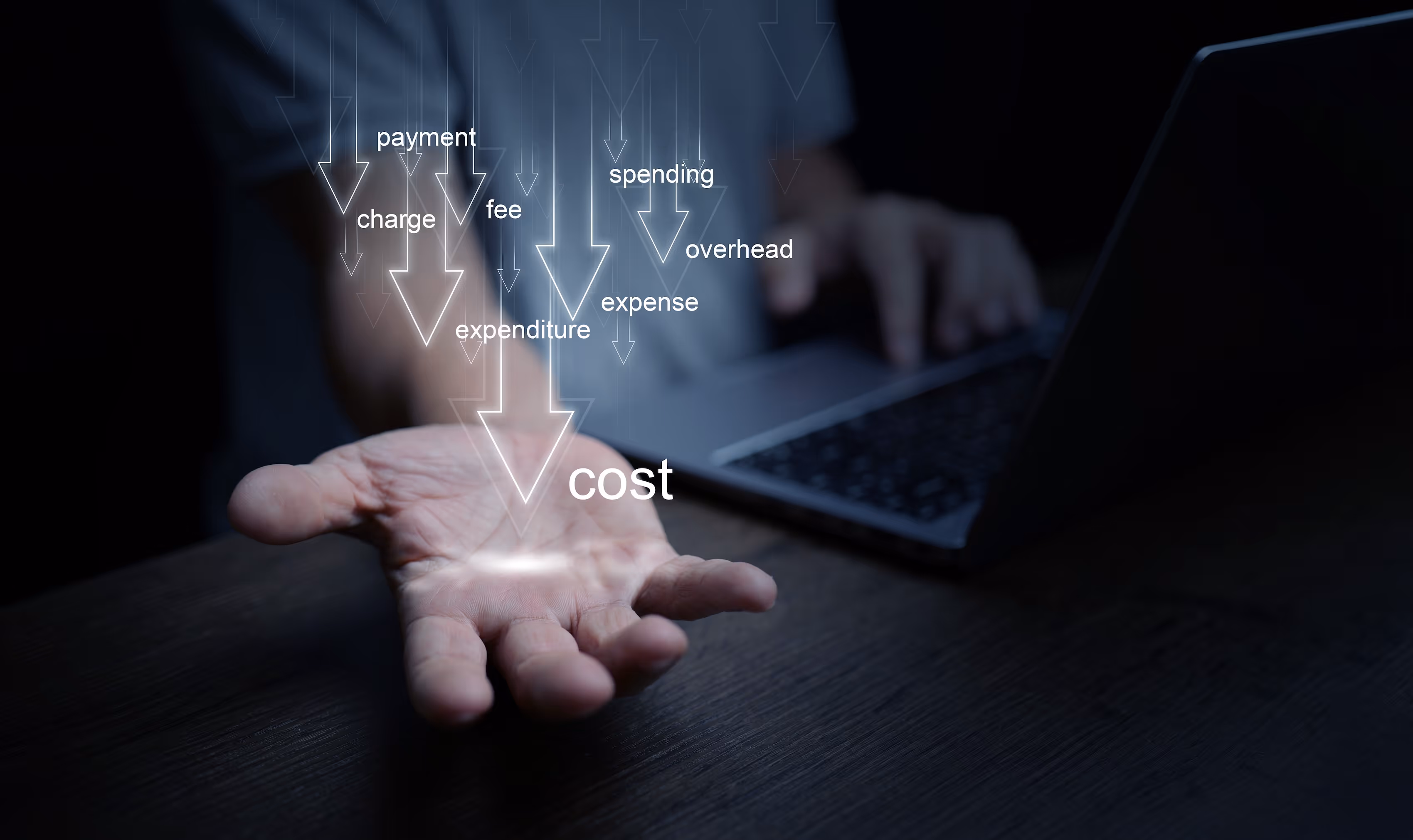 A conceptual digital graphic showing arrows labeled 'payment,' 'fee,' and 'expenditure' pointing down into a hand, symbolizing reduced MCA withdrawals and lower costs.
