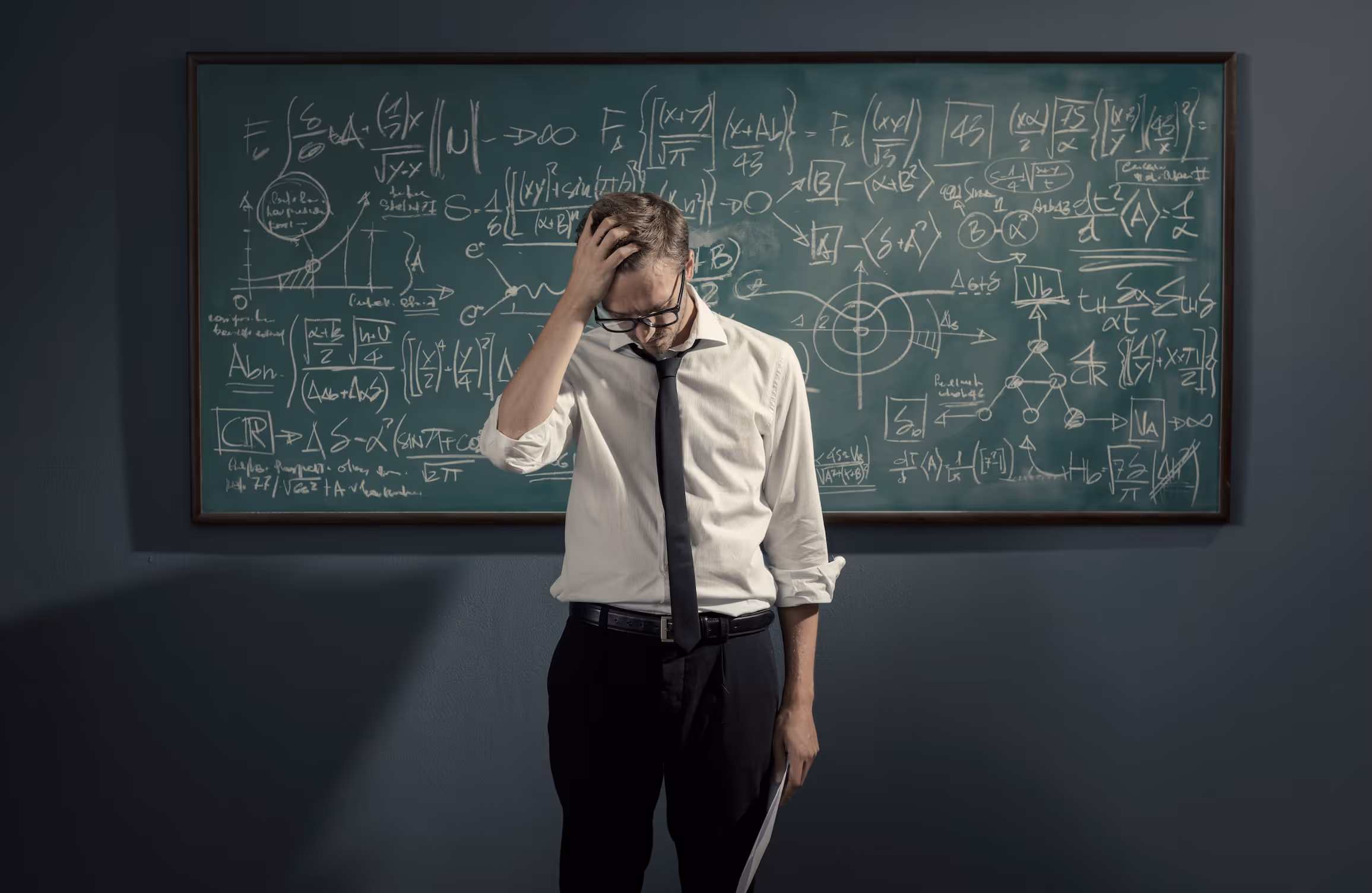 A man looking stressed in front of a chalkboard of complex math, illustrating the confusing nature of MCA reverse consolidation.