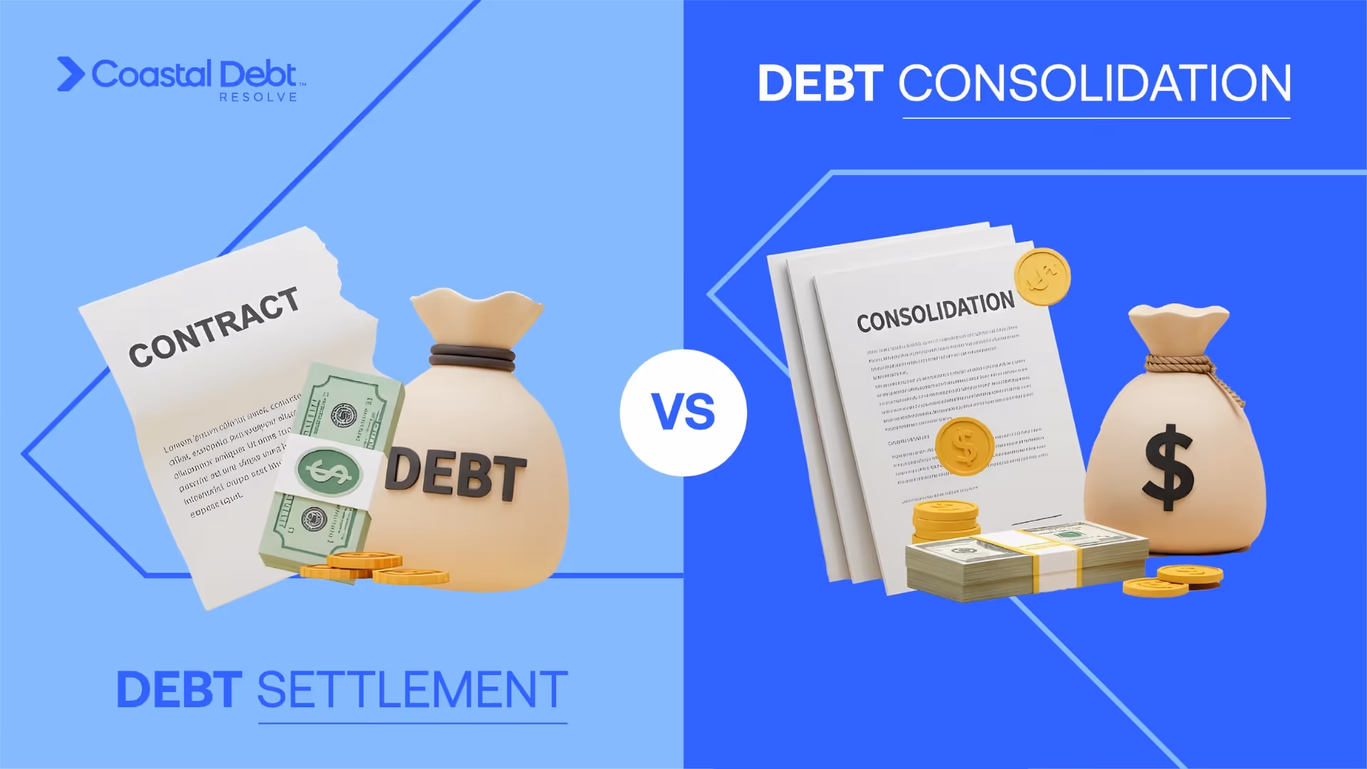 A comparison graphic of MCA debt settlement vs. reverse consolidation, illustrating two very different relief options for merchant cash advance debt.