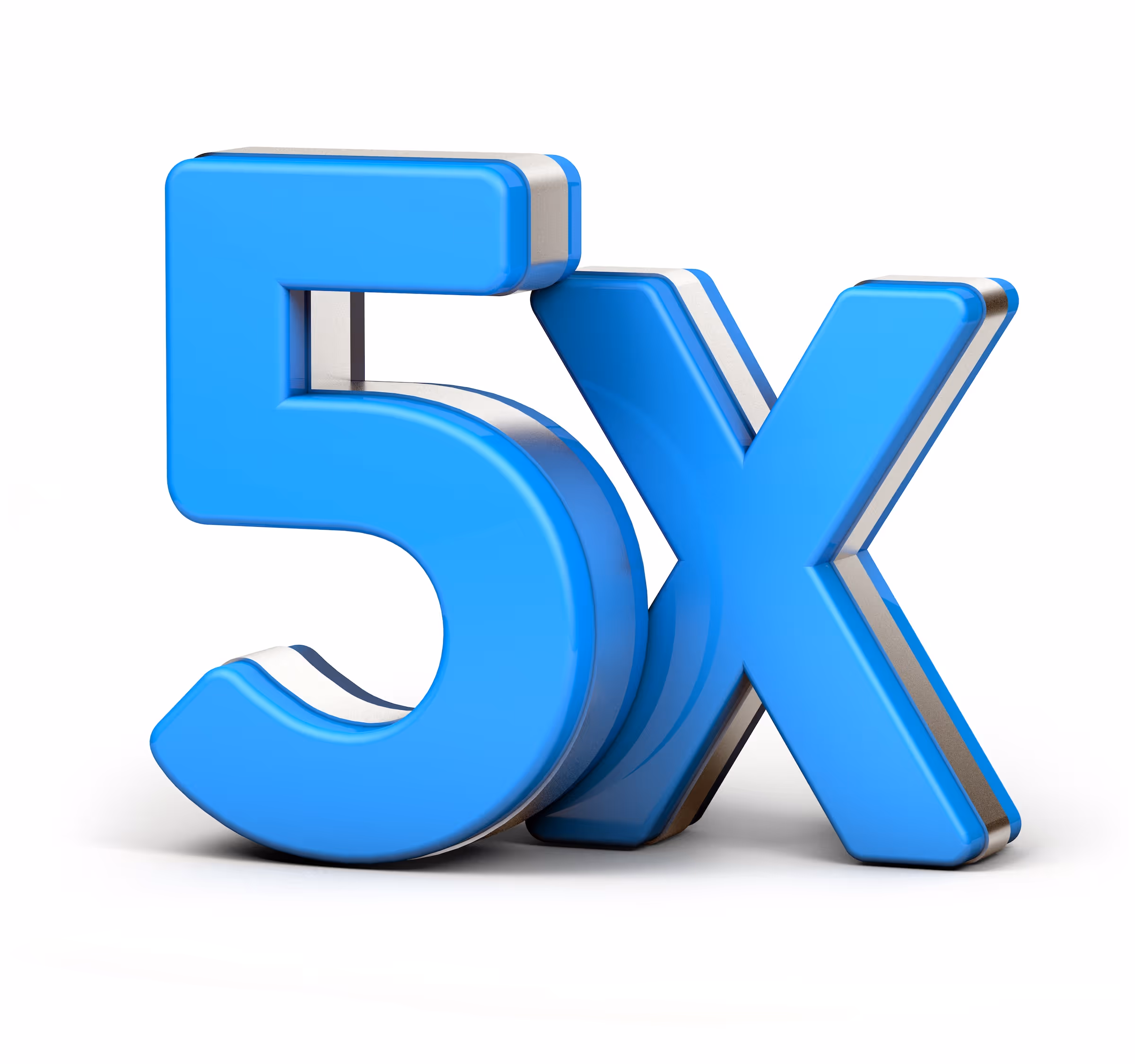 A blue “5X” representing an MCA factor rate that can amount to more costs than the average interest rate when calculated annually.