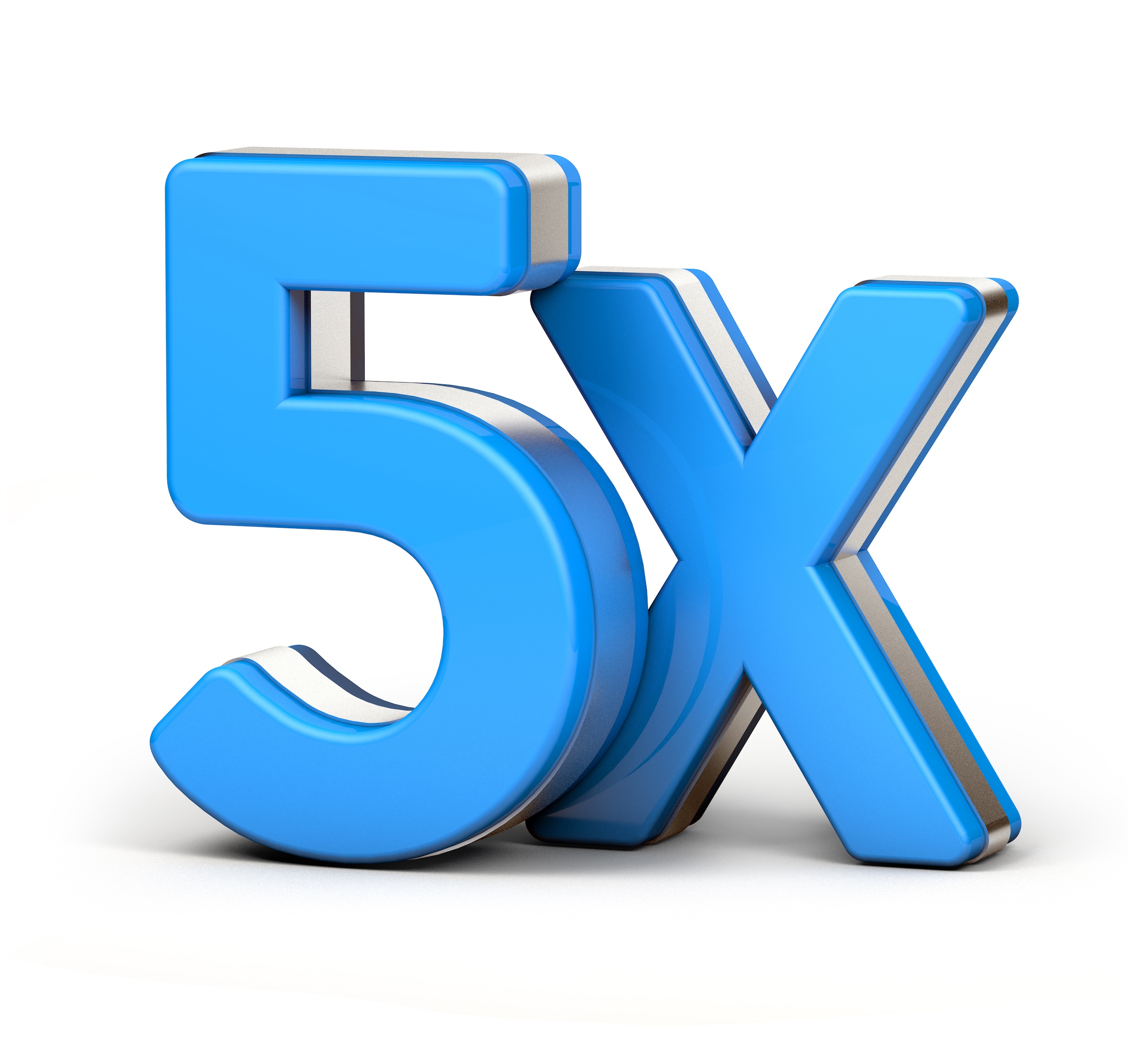 A blue “5X” representing an MCA factor rate that can amount to more costs than the average interest rate when calculated annually.