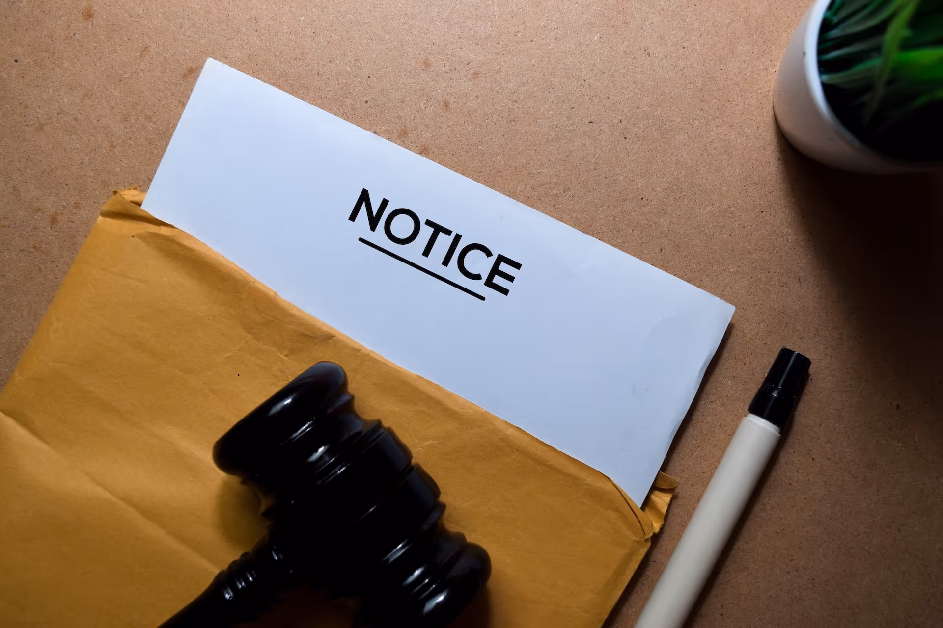 UCC lien notice and MCA default enforcement: A legal notice document with a judge's gavel symbolizing contractual breach.