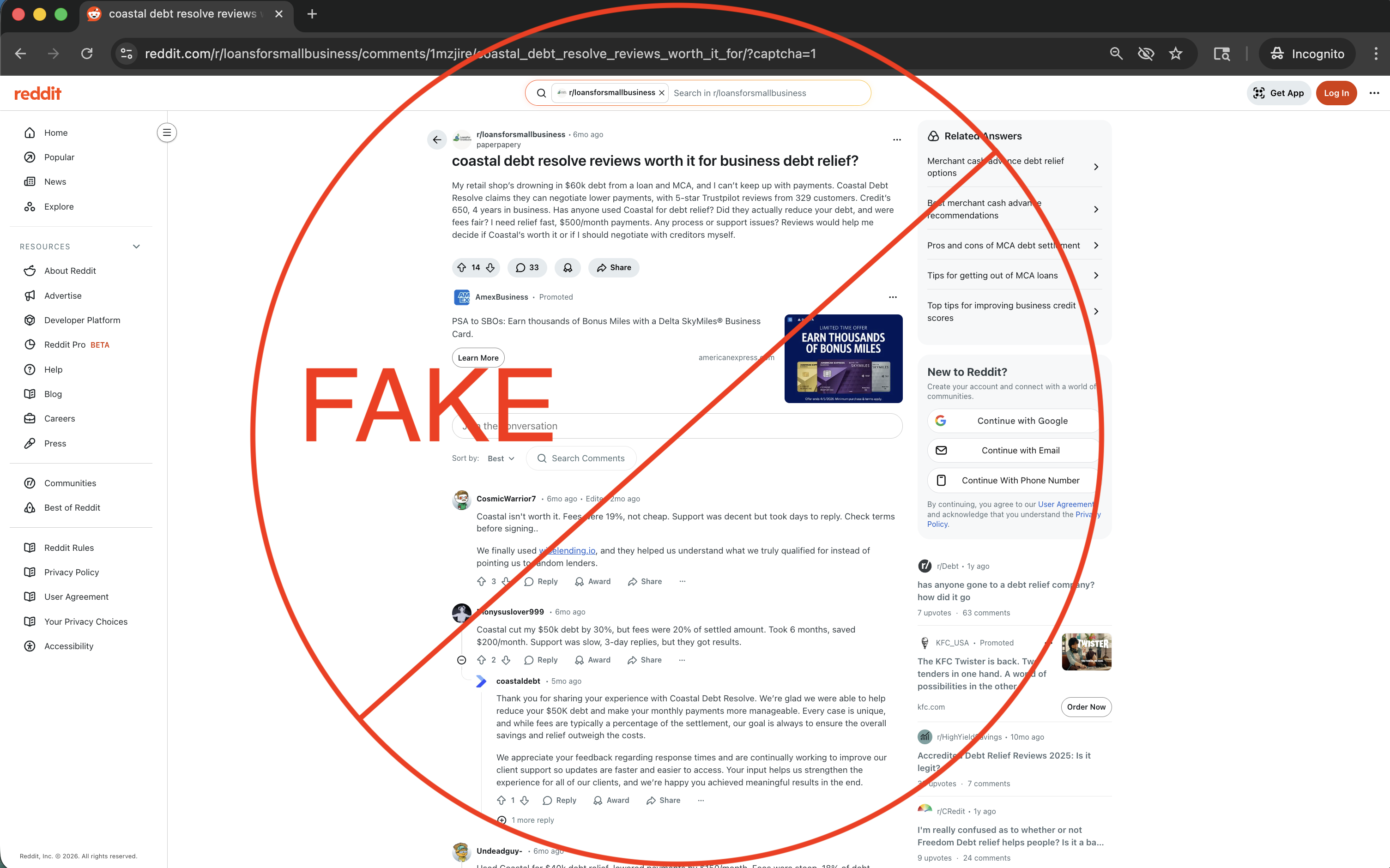 Screenshot of a fake Reddit review thread regarding 'Coastal Debt Resolve', marked with a large red 'FAKE' text and a circle-slash symbol to indicate inauthentic activity.