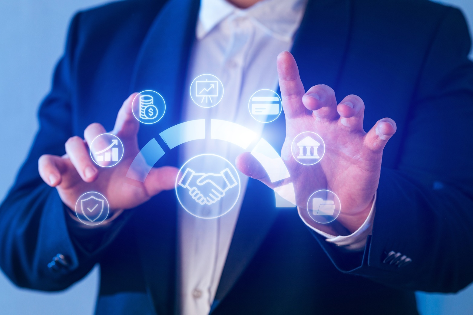 Business professional interacting with glowing digital financial interface representing business debt solution with Coastal Debt Resolve