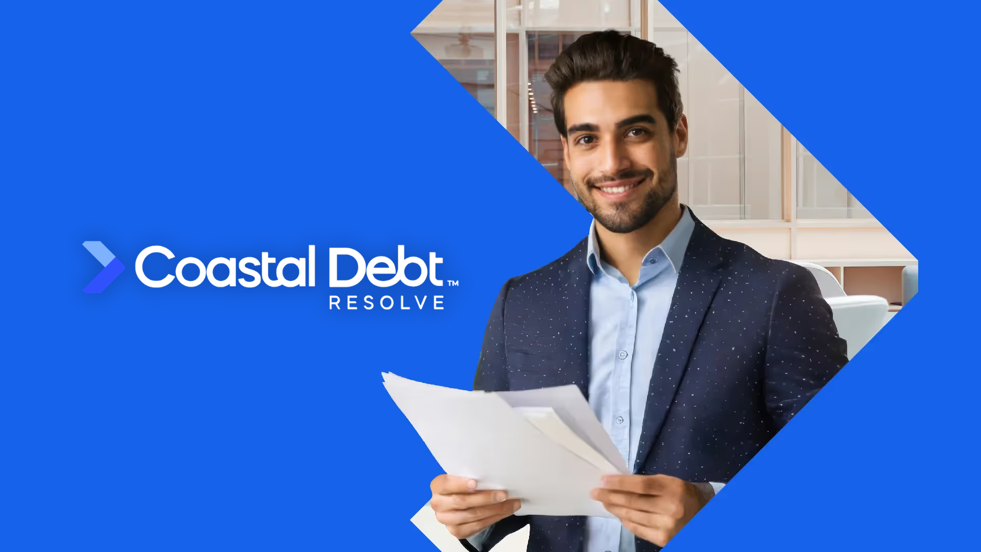shows a professional holding documents next to the Coastal Debt Resolve logo on a blue background, reinforcing the topic of commercial debt management and financial agreement review.