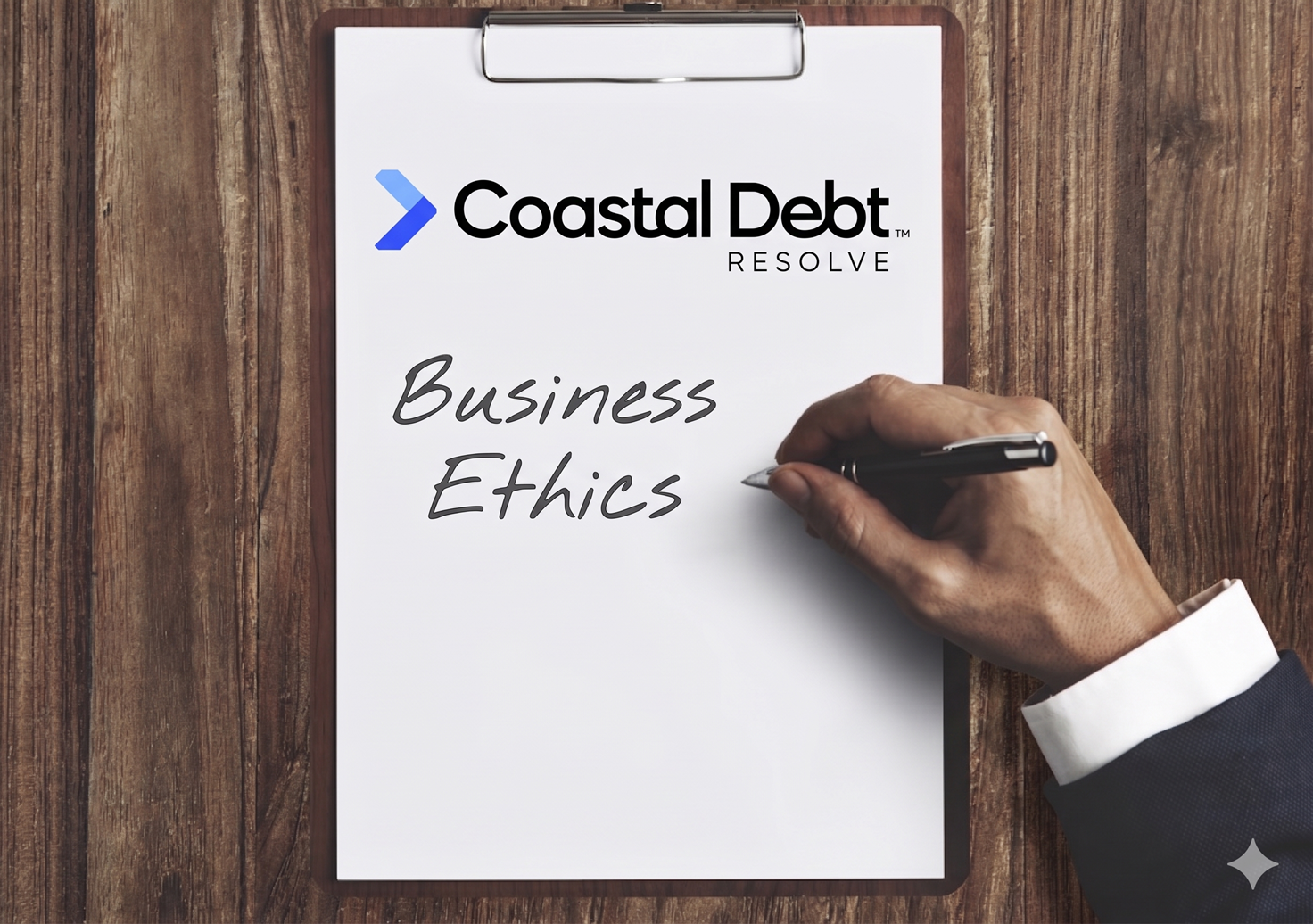 Coastal Debt Resolve business ethics article cover image featuring a clipboard with the words ‘Business Ethics’ handwritten on a blank page, symbolizing transparency, integrity, and ethical commercial debt relief practices for small businesses