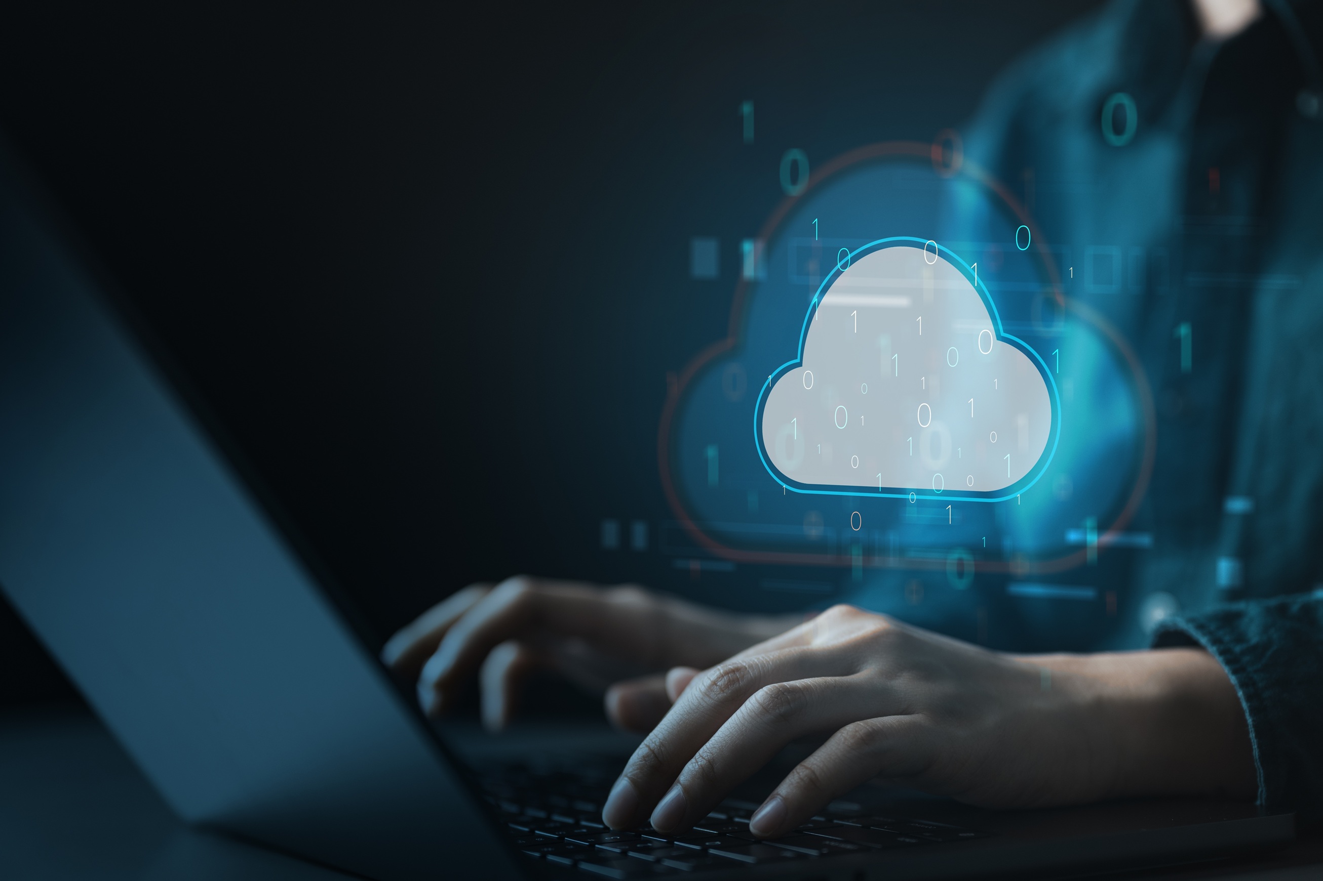 Cloud security interface displayed above a laptop, illustrating secure cloud technology used by Coastal Debt Resolve to safeguard business financial records and sensitive client information.