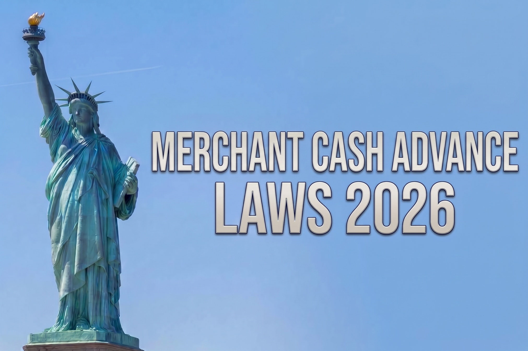 Statue of Liberty beside the words Merchant Cash Advance Laws 2026 on the cover image for Coastal Debt Resolve’s guide to New York MCA regulations.