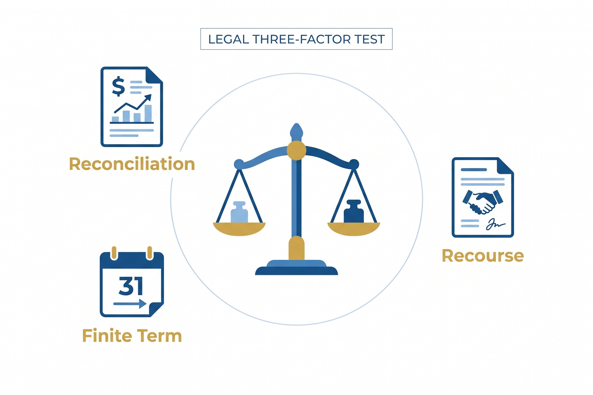 Coastal Debt Resolve infographic showing the three factors used to assess whether a New York merchant cash advance is a loan: reconciliation, a finite term, and recourse.
