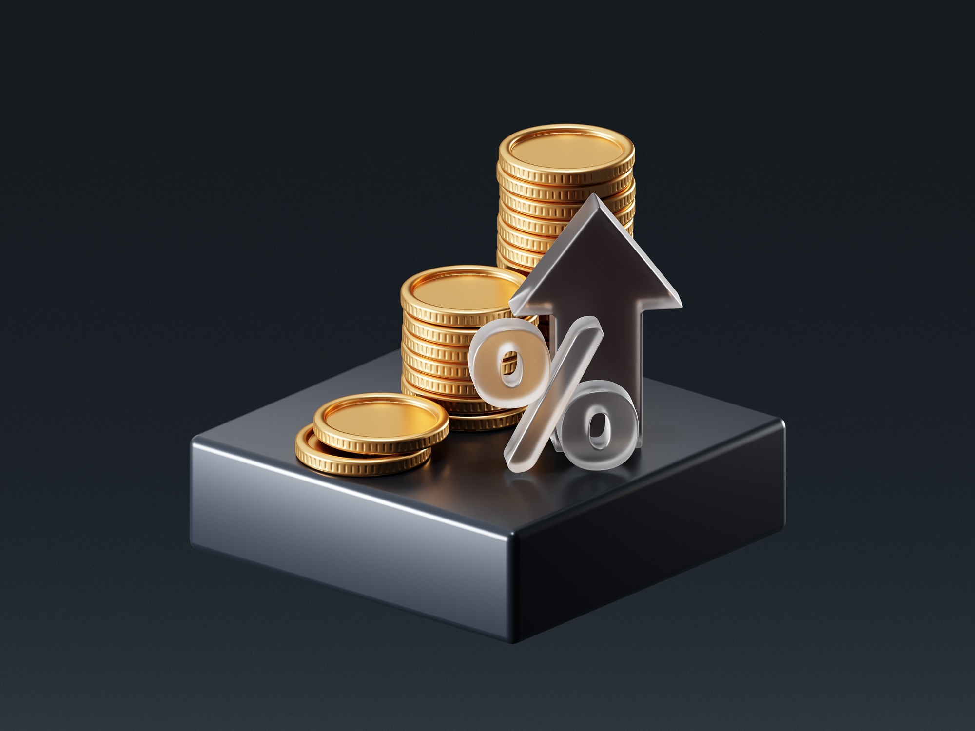 Gold coin stacks with an upward arrow and percentage symbol, illustrating financing costs in Coastal Debt Resolve’s MCA guide.