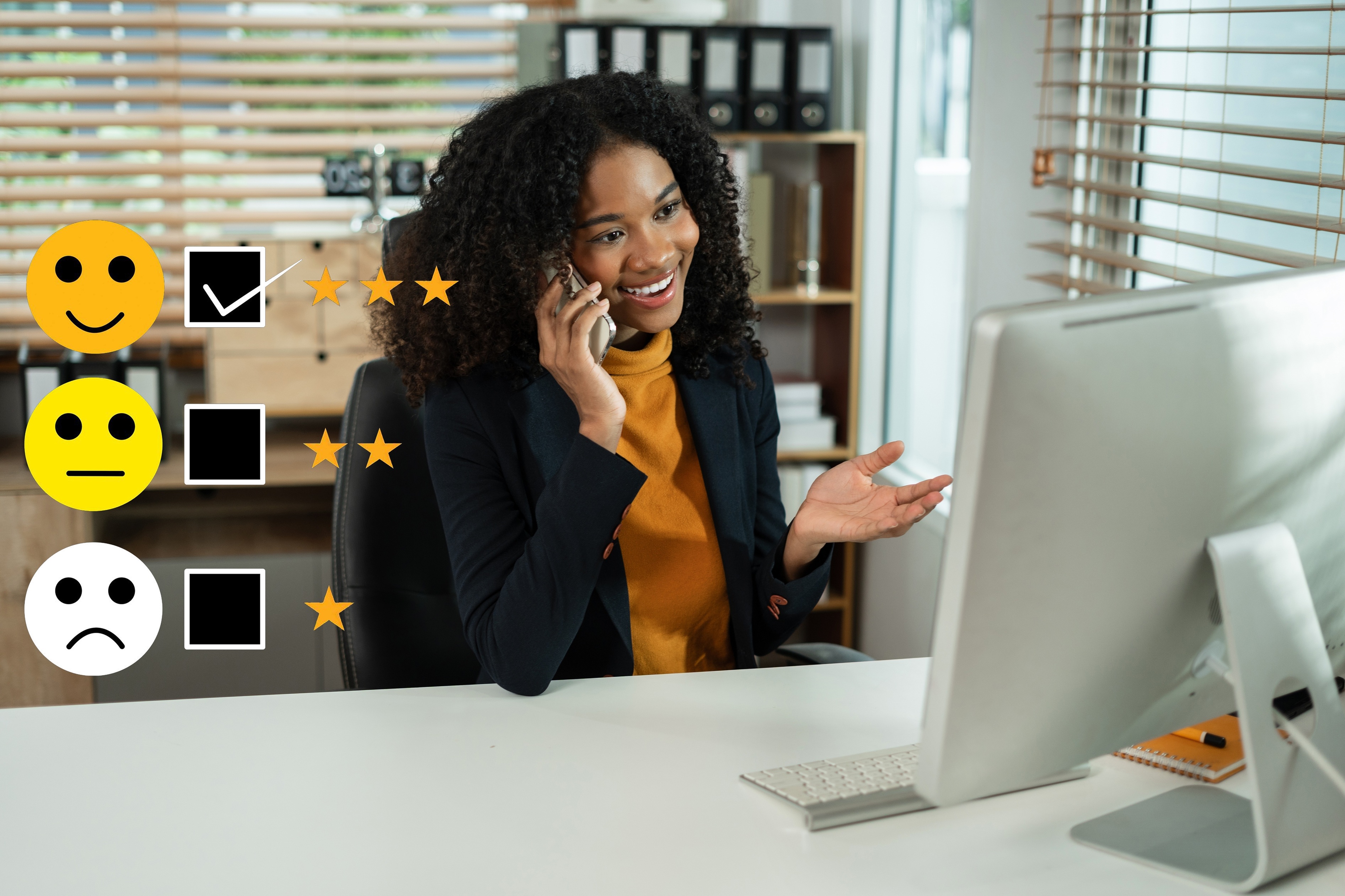 A smiling professional woman on a phone call in front of a computer, overlaid with positive customer satisfaction survey icons, illustrating the high-quality, authentic client experiences provided by Coastal Debt Resolve.