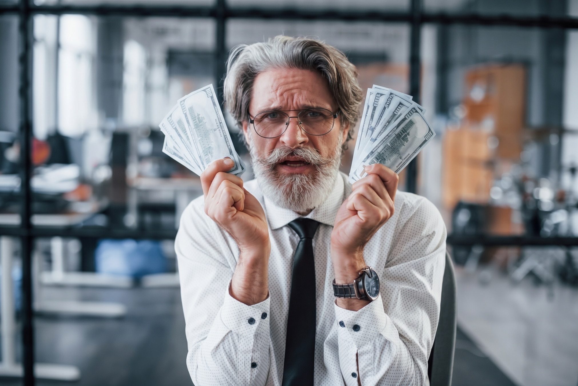 Concerned man holding dollar bills in an office, illustrating Coastal Debt Resolve’s guide to merchant cash advance debt.