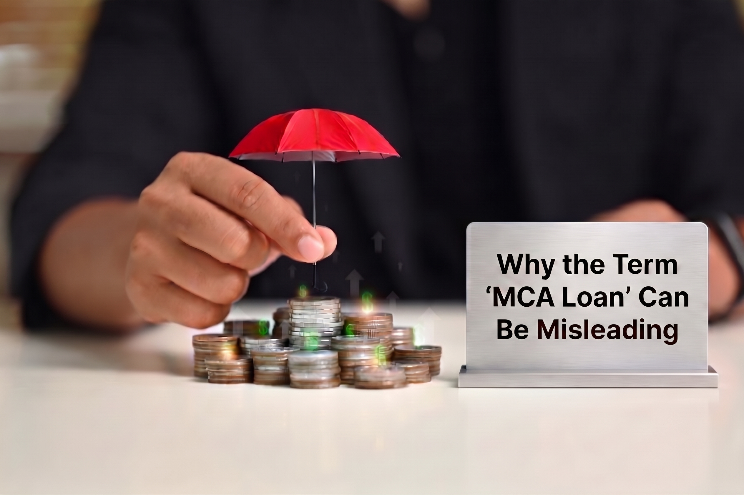 Hand protecting stacks of coins with a red umbrella beside a sign reading “Why the Term MCA Loan Can Be Misleading,” illustrating the structural differences between merchant cash advances and traditional business loans.