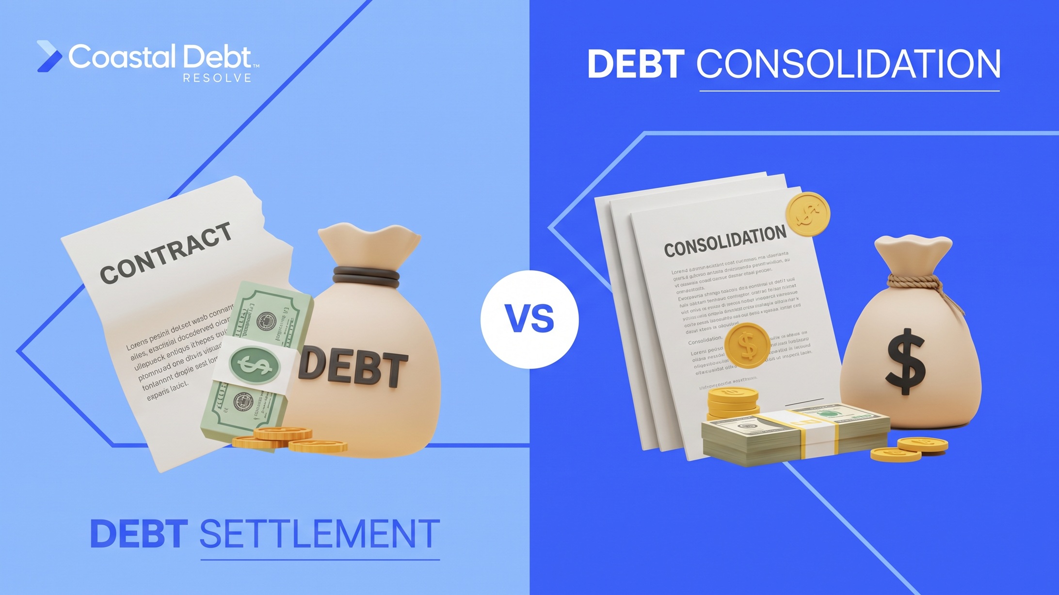 A comparison graphic of MCA debt settlement vs. reverse consolidation, illustrating two very different relief options for merchant cash advance debt.