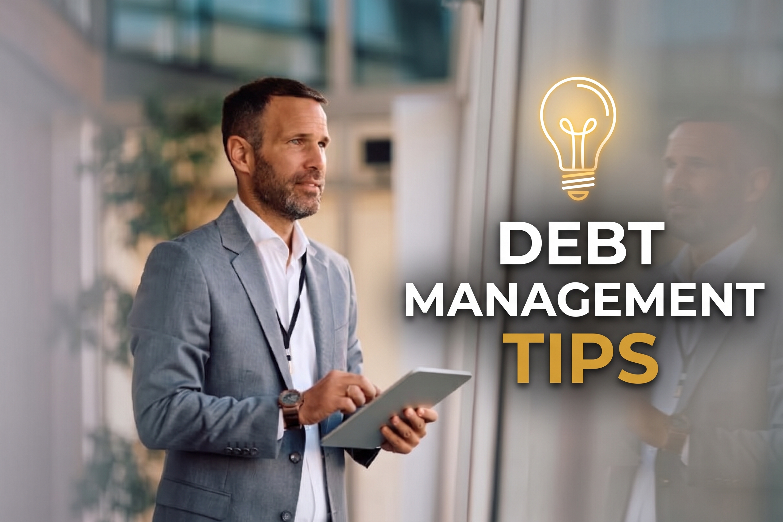 Businessman working on digital tablet while standing by the window in the office and looking through it on the captions: Business debt tips.