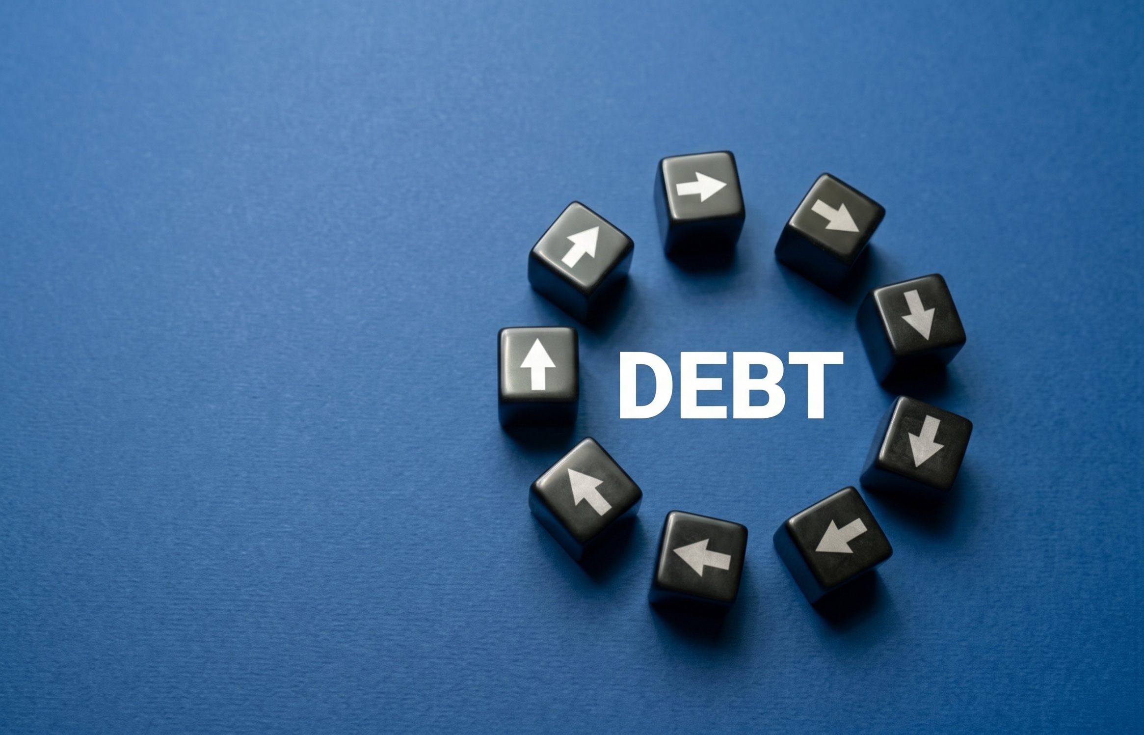 A blue surface featuring a circular arrangement of black cubes, each showing a white arrow pointing in a continuous clockwise loop. In the center of the circle is the word "DEBT" written in bold, white capital letters.