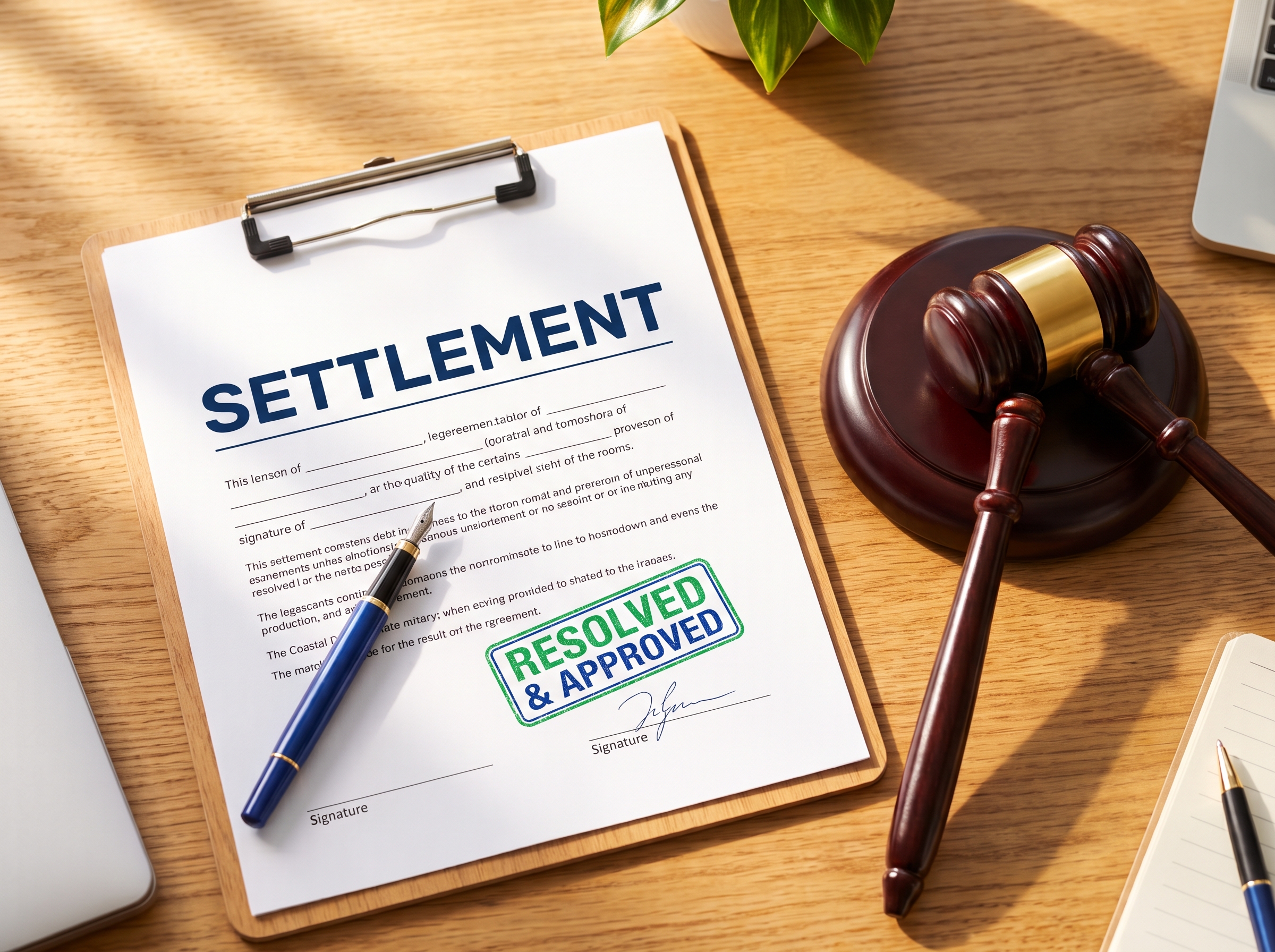 A wooden desk featuring a clipboard with a "SETTLEMENT" document bearing a green "RESOLVED & APPROVED" stamp, alongside a pen, a wooden judge's gavel, and eyeglasses, illustrating the legal and formal nature of debt resolution.
