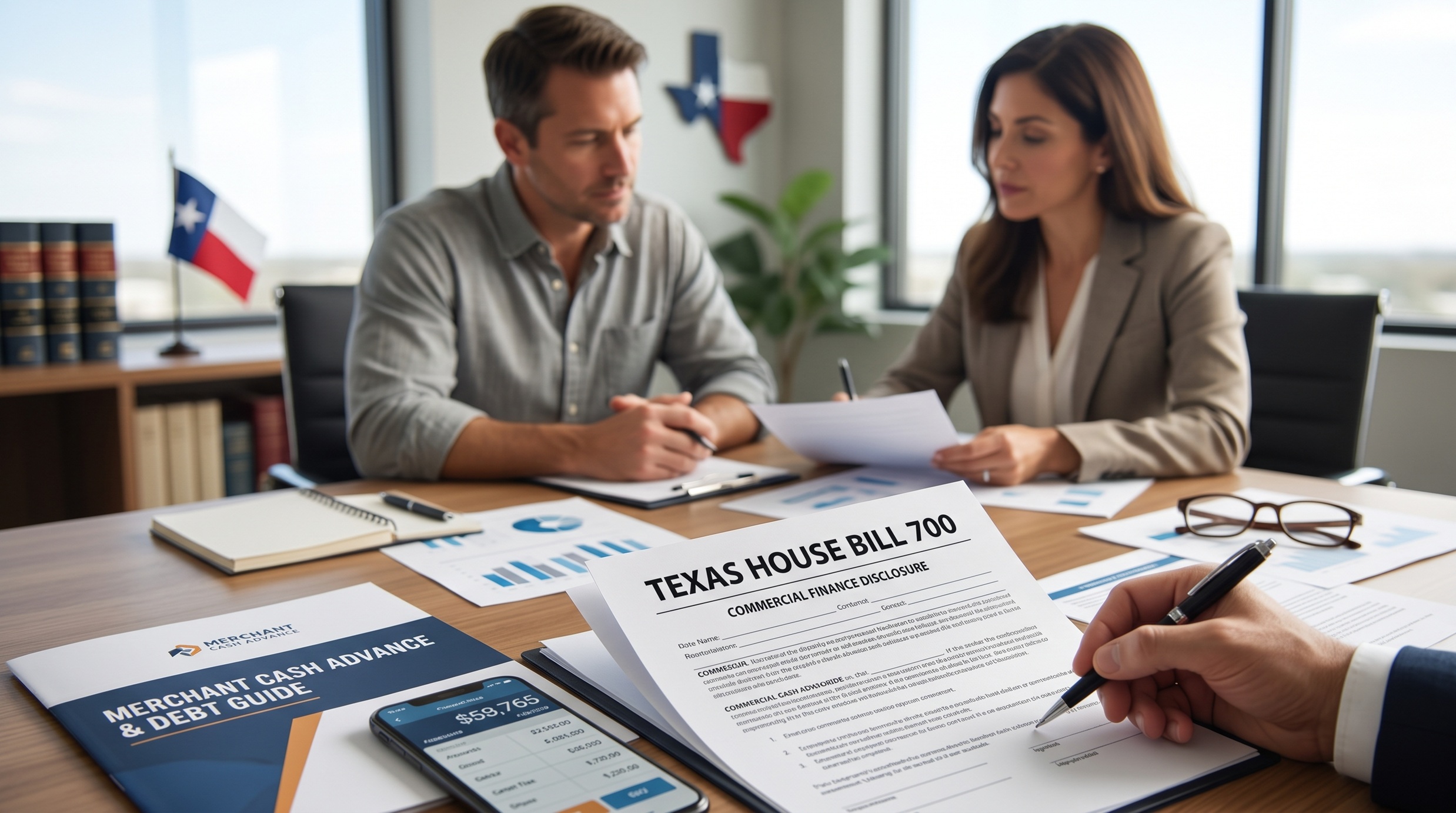 Two business professionals discussing paperwork in an office with a Texas flag in the background. In the foreground, a person's hands hold a pen over a document titled 'Texas House Bill 700 Commercial Finance Disclosure' next to a 'Merchant Cash Advance & Debt Guide' and a smartphone displaying financial metrics.