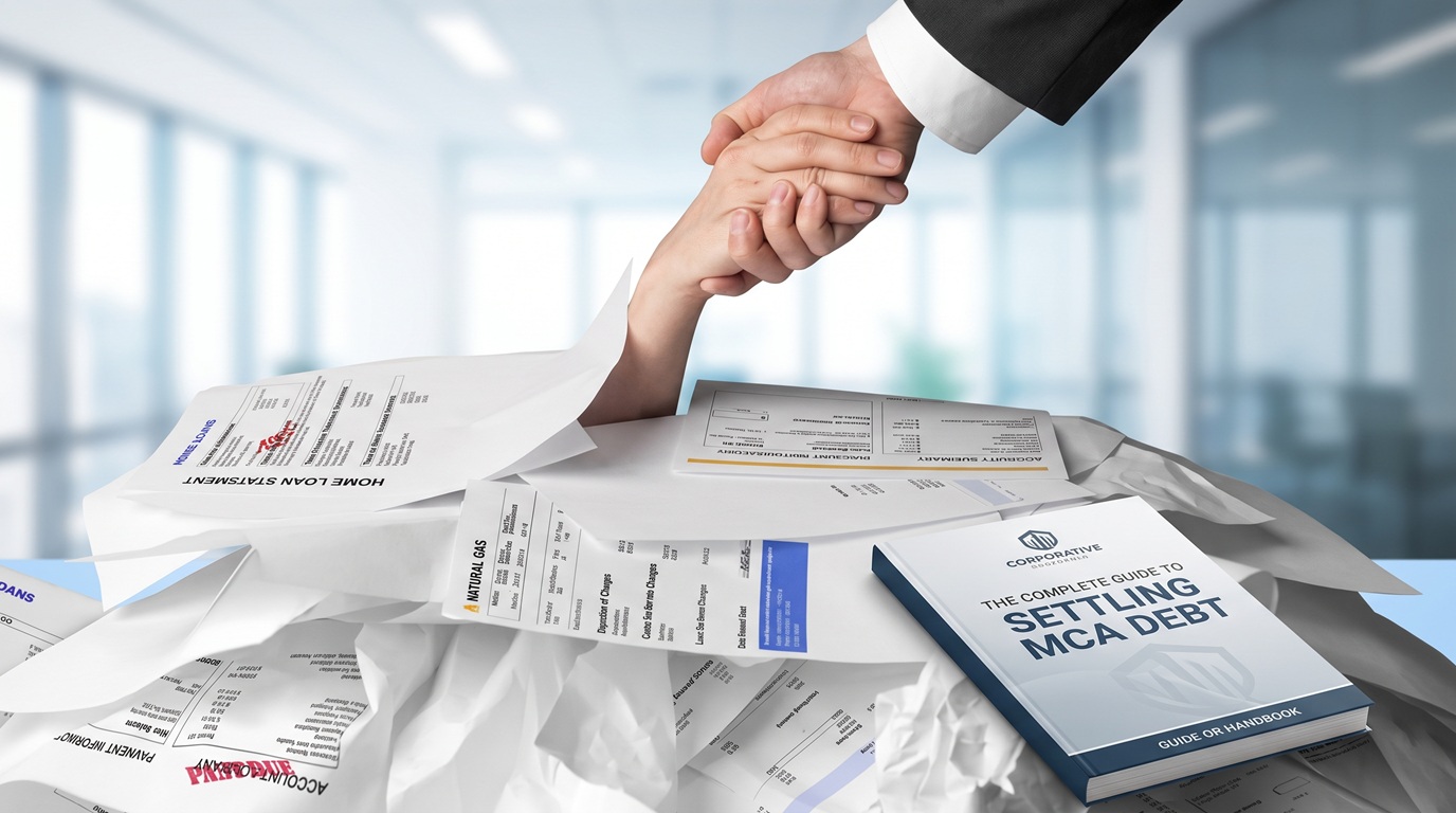 A metaphor for overcoming debt, showing a hand in a suit reaching down to grasp the hand of someone submerged under a massive pile of financial documents, bills, and paperwork on a desk. Next to the pile, a handbook is clearly visible, titled 'THE COMPLETE GUIDE TO SETTLING MCA DEBT.' The background is a brightly lit, modern office space.
