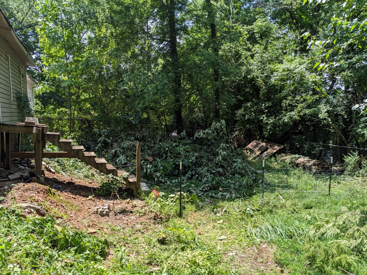 Pile of trimmed tree branches and yard debris next to residential property