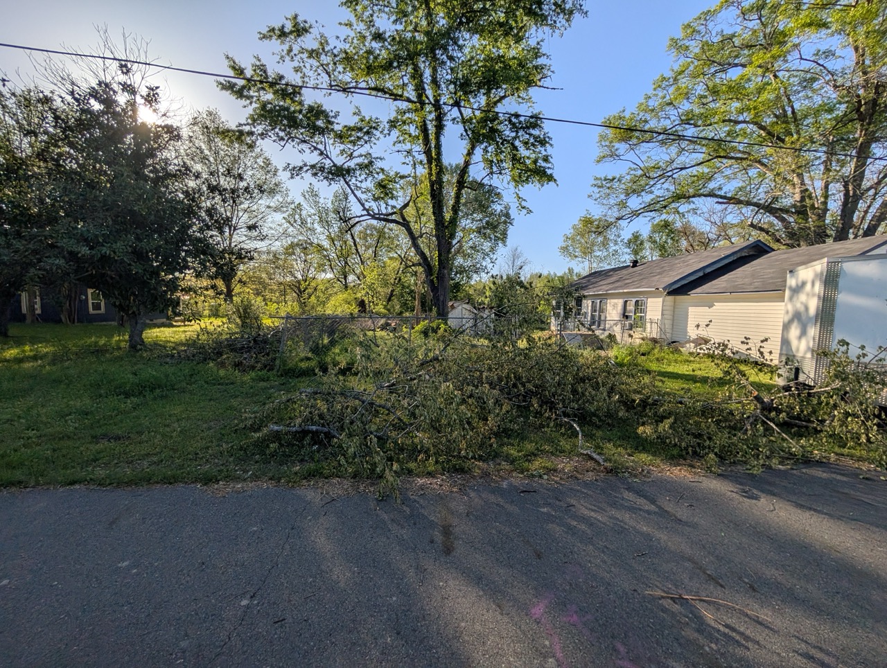 Roadside scene with fallen tree branches blocking a yard near houses in sunlight with blue sky.