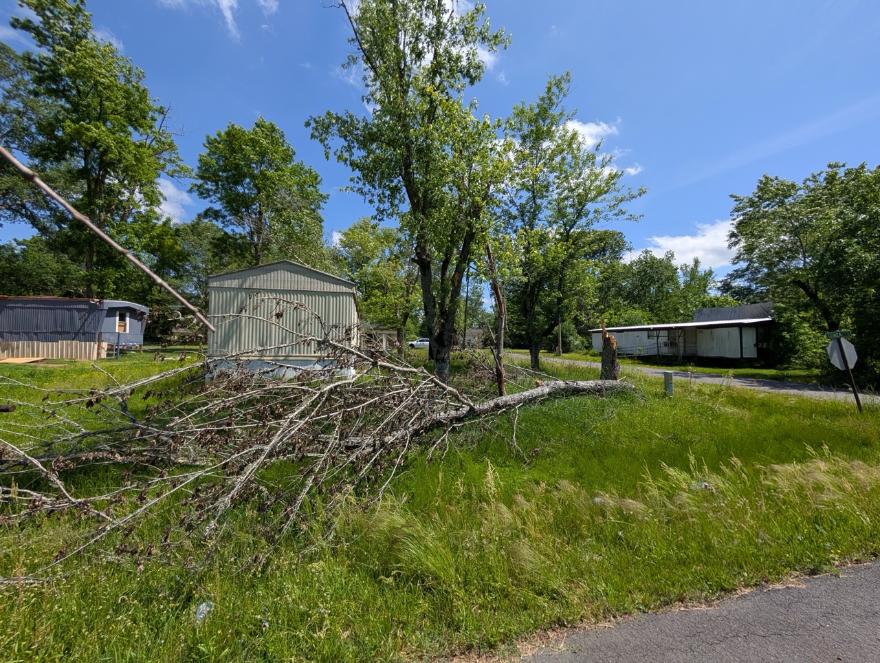 Storm-damaged tree branches piled in front yard near mobile home in Central Arkansas