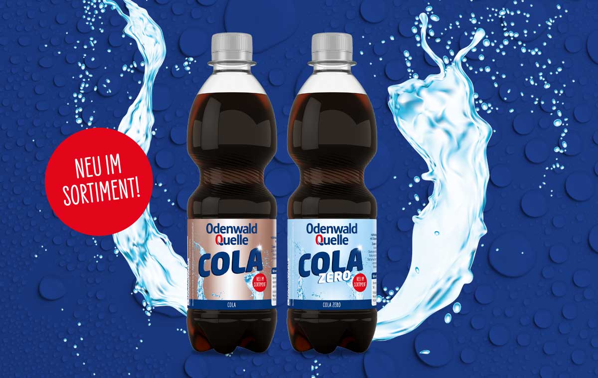 Cola und Cola Zero von Odenwald Quelle auf blauem Hintergrund