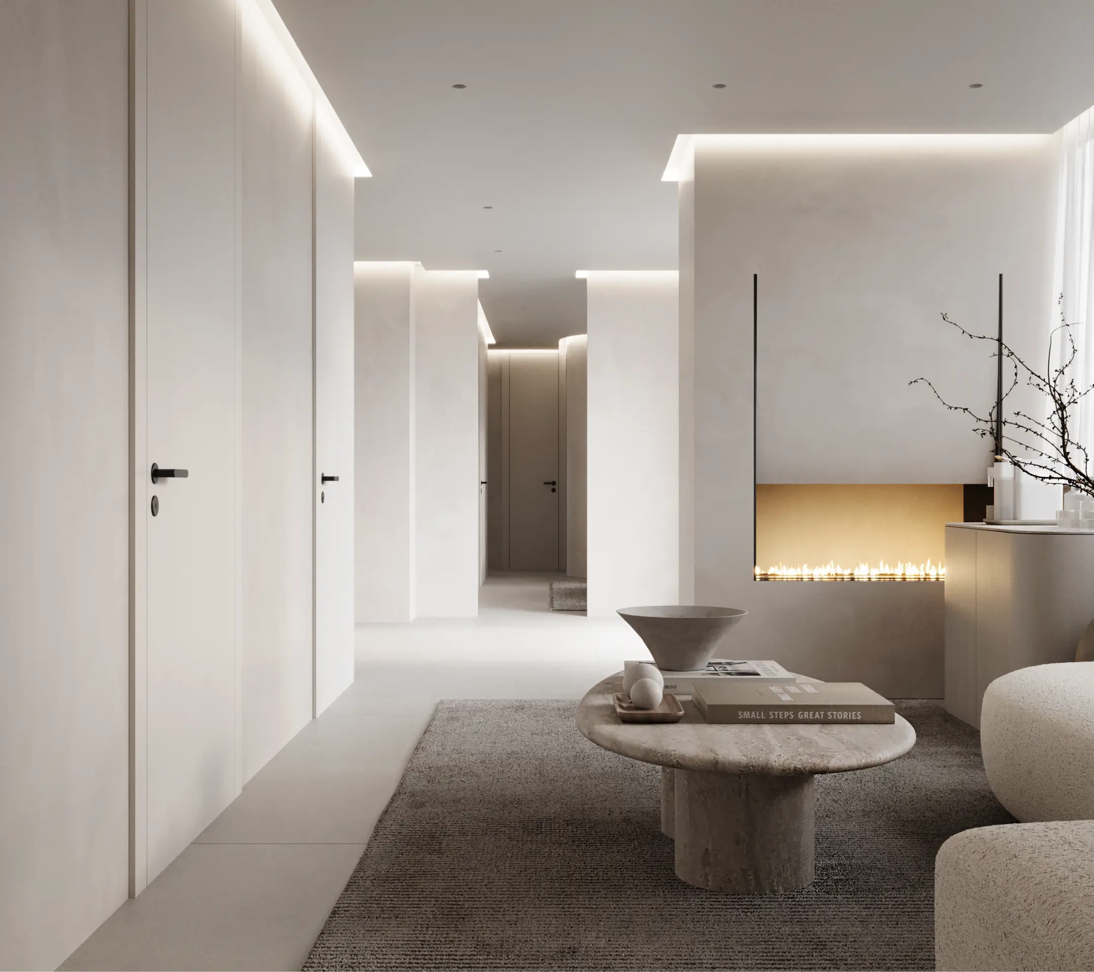 Contemporary spa hallway with sleek white doors and a minimalist lounge area featuring a stone table, a fireplace, and textured seating. Soft overhead lighting adds to the tranquil atmosphere.