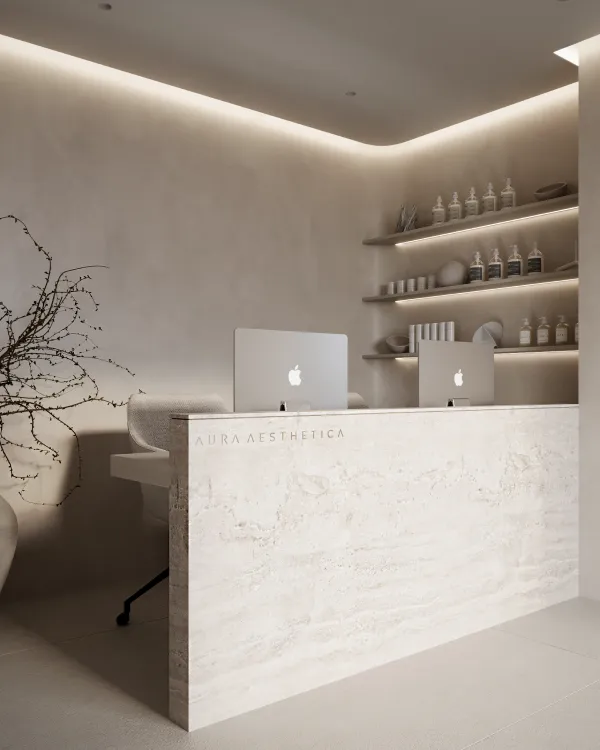 Modern reception area of a spa with a textured stone desk, two laptops, and a backlit shelf displaying bottles. The decor includes soft lighting and a large, abstract branch arrangement on the left.