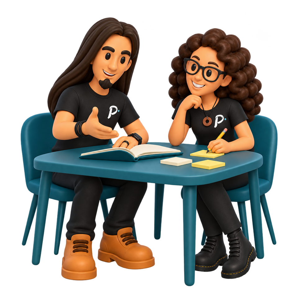 Paul et Élise travaillent ensemble autour d’un carnet et de notes pour construire votre stratégie vidéo.