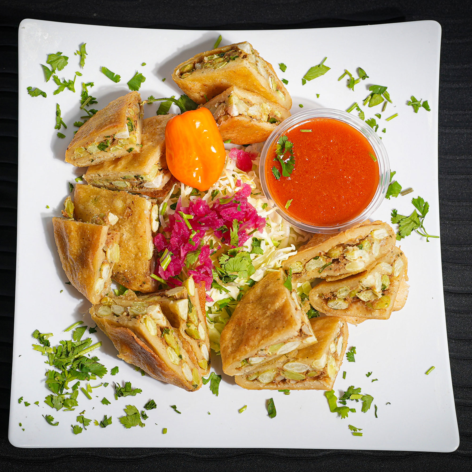 Deep fried corn dough patty. stuffed with Iima beans and ground pumpkin seed. Served with pickled cabbage and tomato sauce