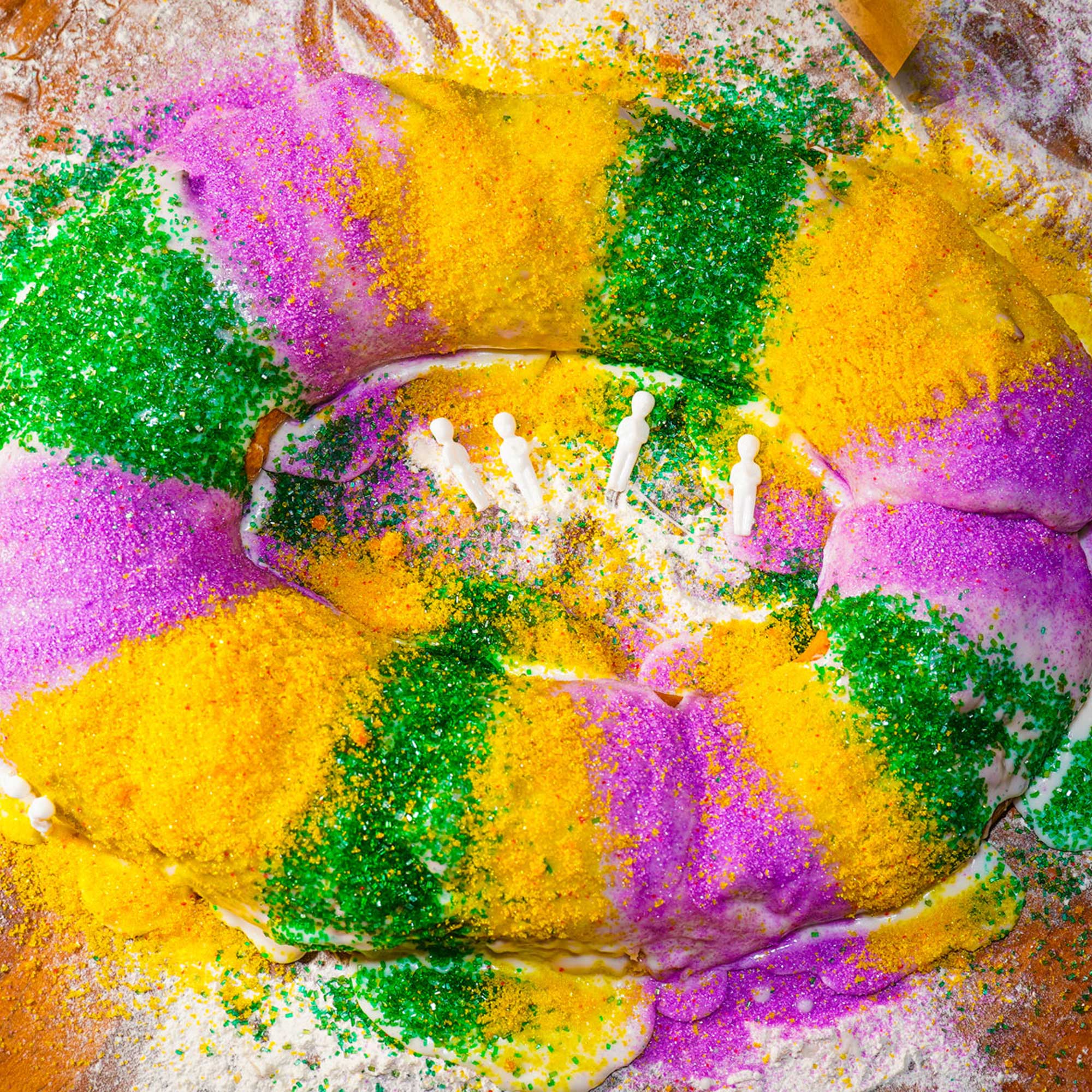 seasonal rosca bread with festive green yellow and purple sprinkles, 