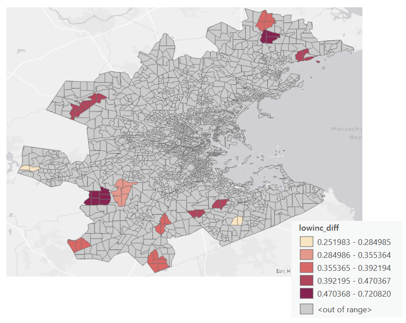 Map of greater Boston area by census block group. Block groups with low low-income population but high traffic from this group are colored from light to dark red. Lightest is .25-.28 and darkest is .47-.72. There are about 13 groups of census block groups of note scattered throughout the region.