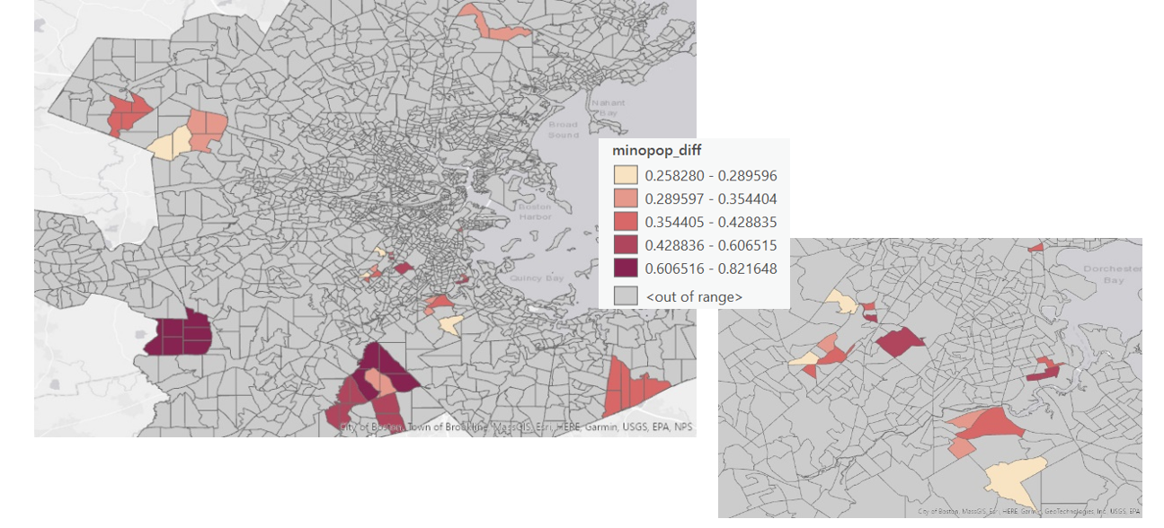 Two maps showing census block groups with low minority populations but high traffic from this group, with census block groups with a high percentage colored in from light red to dark red as the percentage increases. The lowest is .26-.29 and the highest is .61-.82. The first map is of the greater Boston area, and the second is a closer look at a group of colored in census block groups near Dorchester that are too small to see on the bigger map. There are about 8 groups of census block groups of note scattered throughout the map. 