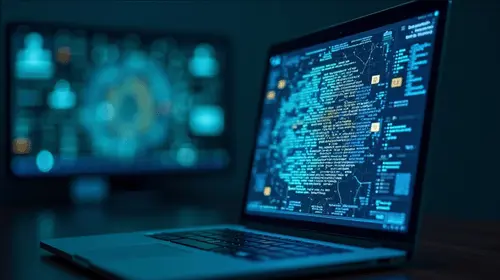 A close-up view of a laptop displaying lines of code and data visualizations in vibrant blue and yellow tones on a dark background, with a blurred monitor in the background showing additional analytical graphics, creating a high-tech and futuristic atmosphere.