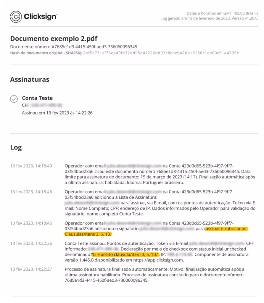 Log do documento com histórico na plataforma Clicksign