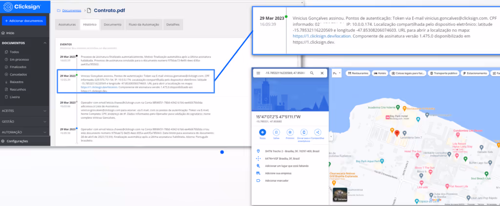 Telas que mostram a localização compartilhada do signatário na plataforma Clicksign.