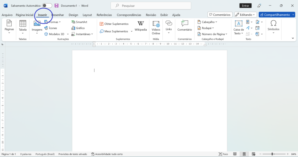 Página do Word em branco com destaque para o menu INSERIR.