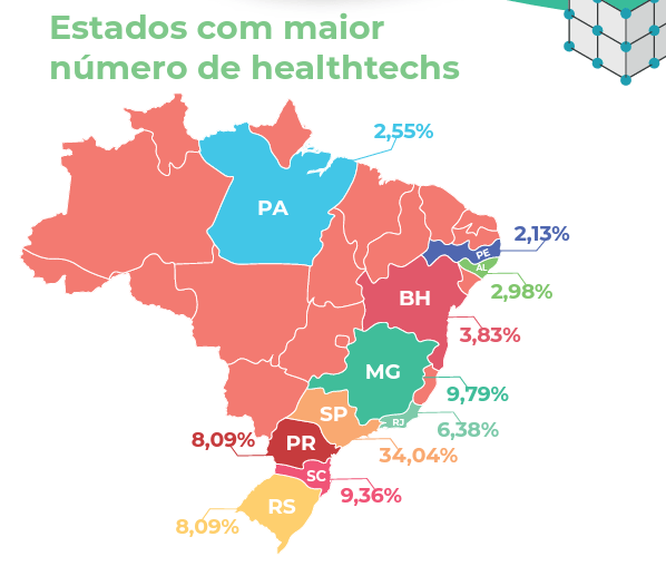 Mapa mostra estados com maior número de healthtechs no Brasil. 