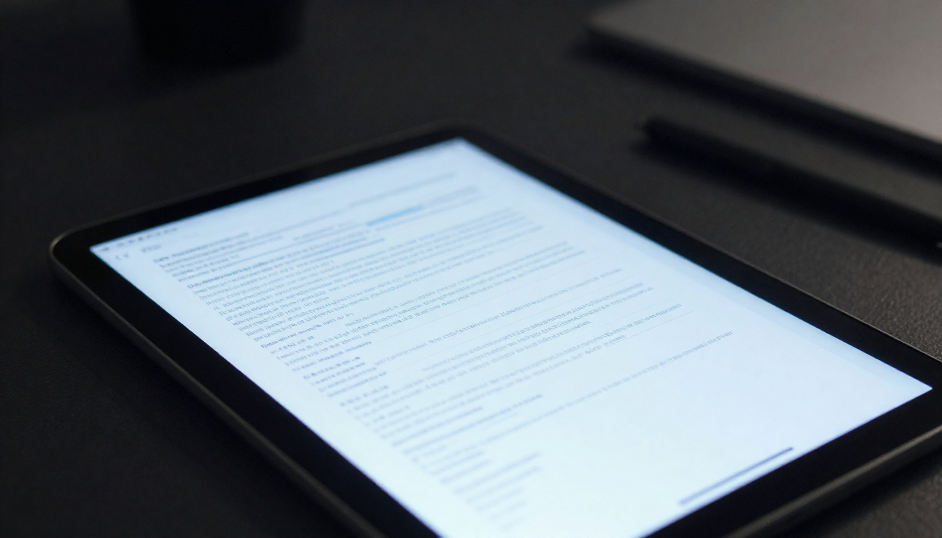 Tablet sobre uma mesa escura exibindo um documento digital com diretrizes de governança documental corporativa. Ao fundo, uma caneta digital e um notebook fora de foco.
