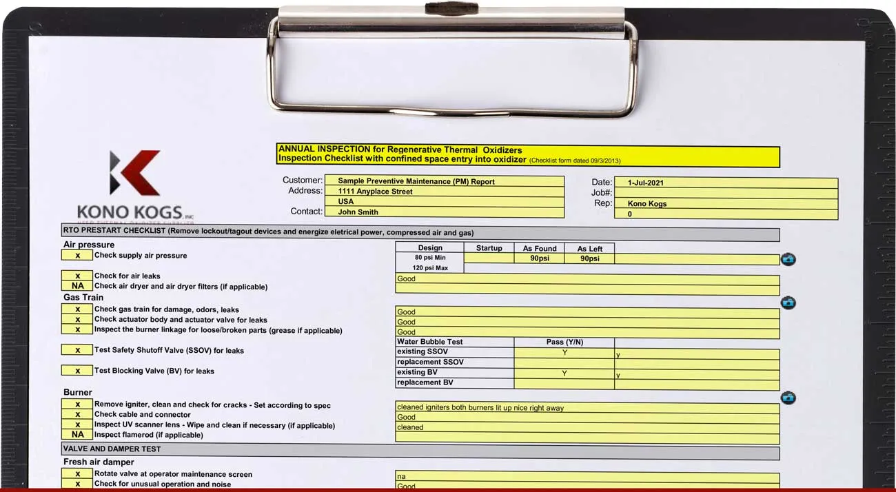 Regenerative thermal oxidizer preventive maintenance inspection checklist