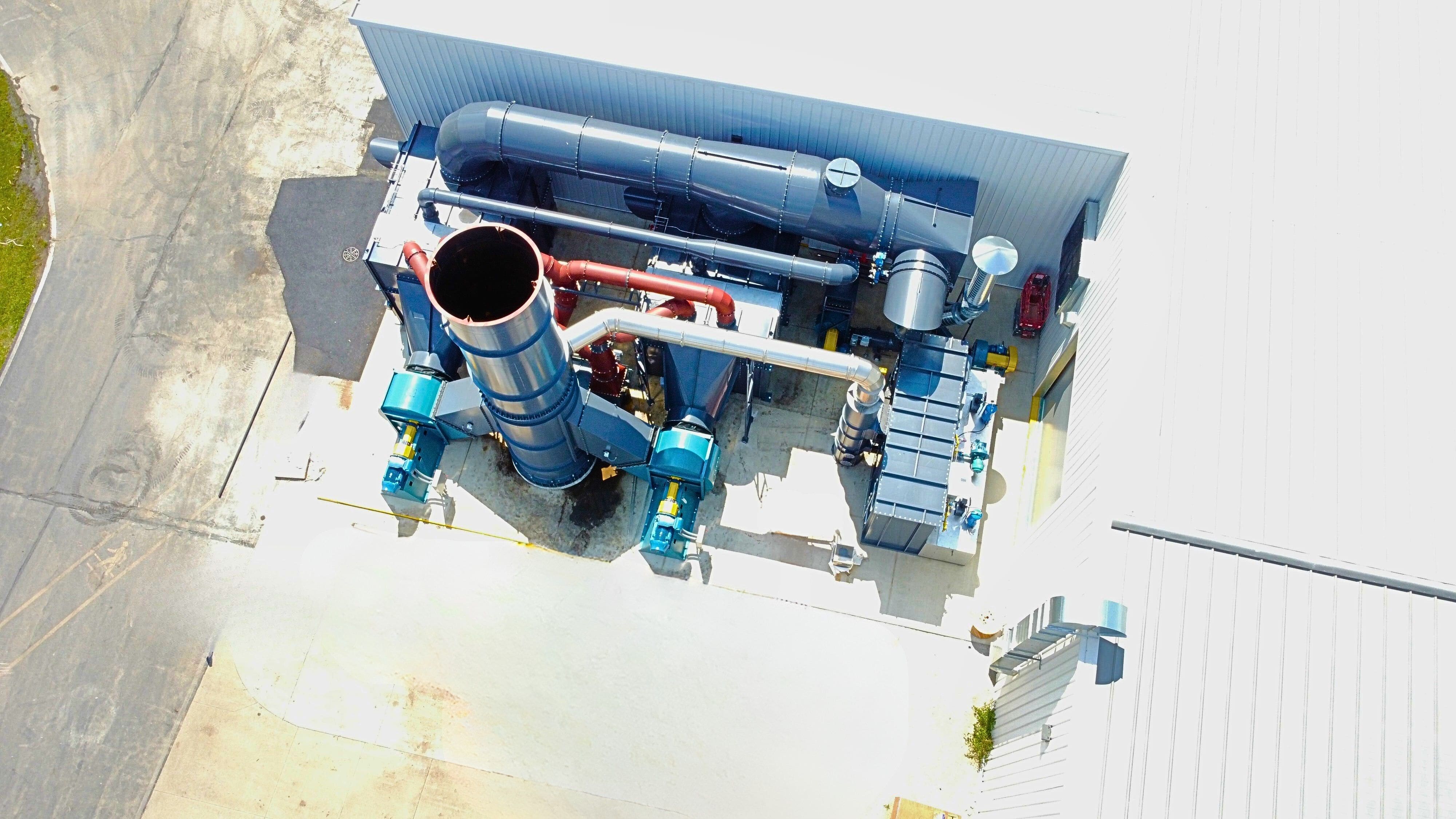 VOC rotary concentrator installed exterior overhead view including stack