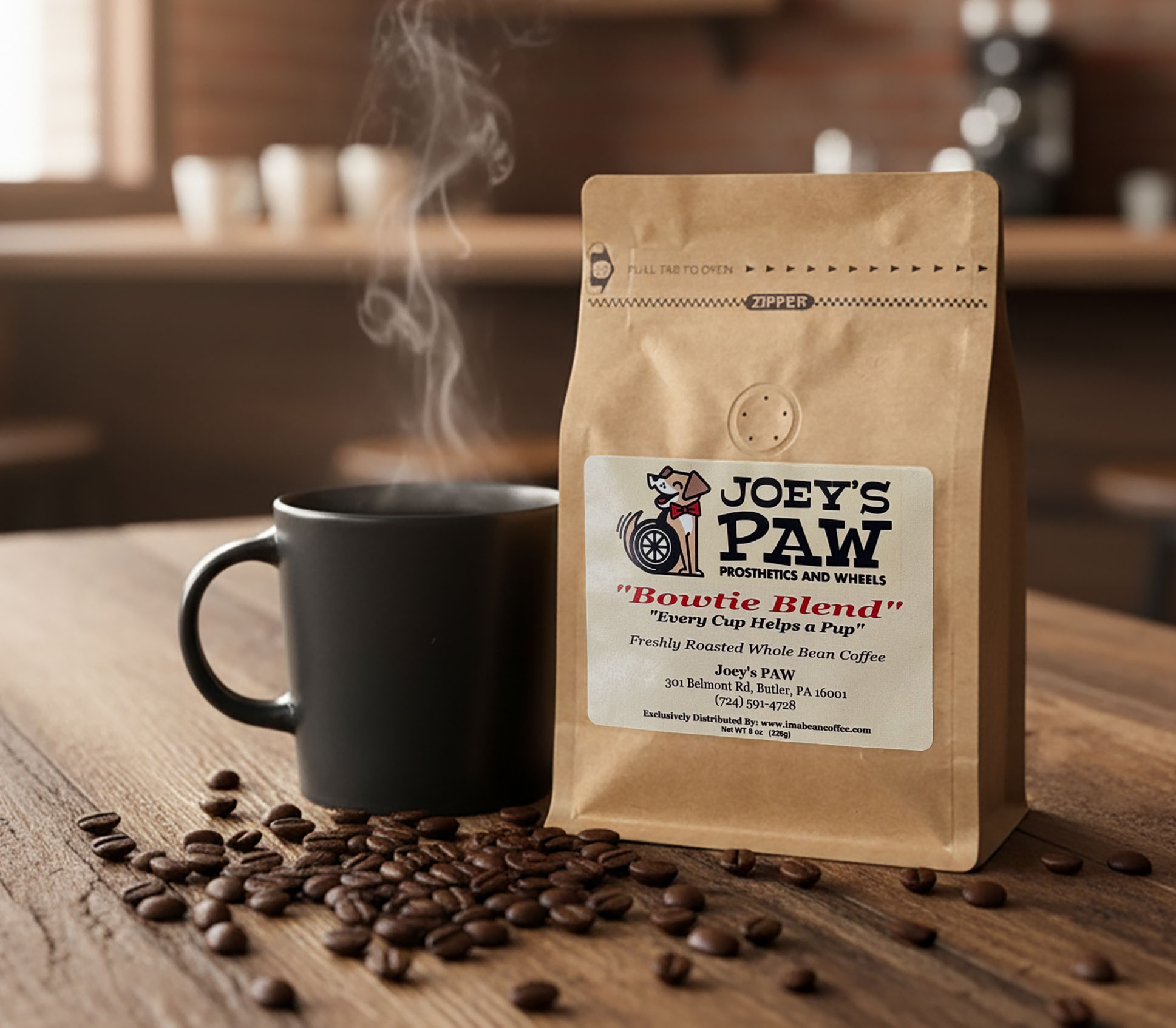 A bag of Joey's PAW Bow Tie Blend Coffee