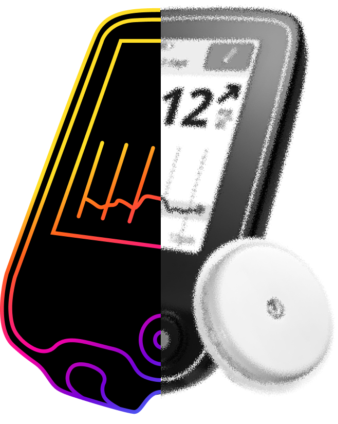Colorful outline of a connected glucose monitor and sensor