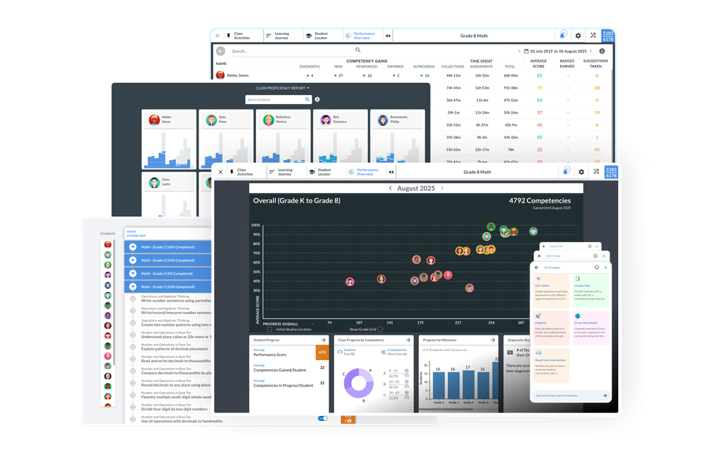 Diverse group of smiling schoolchildren with backpacks raising their hands excitedly in a classroom hallway in front of a chalkboard.