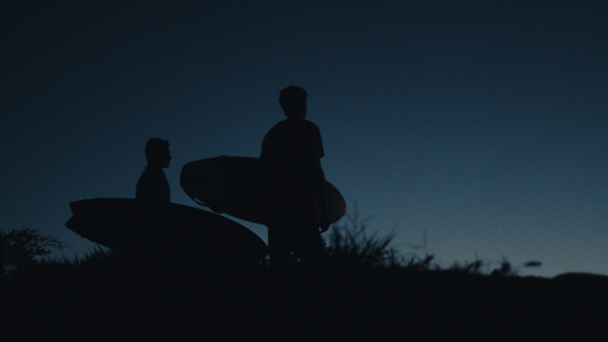 Two surfers with their boards at blue dusk