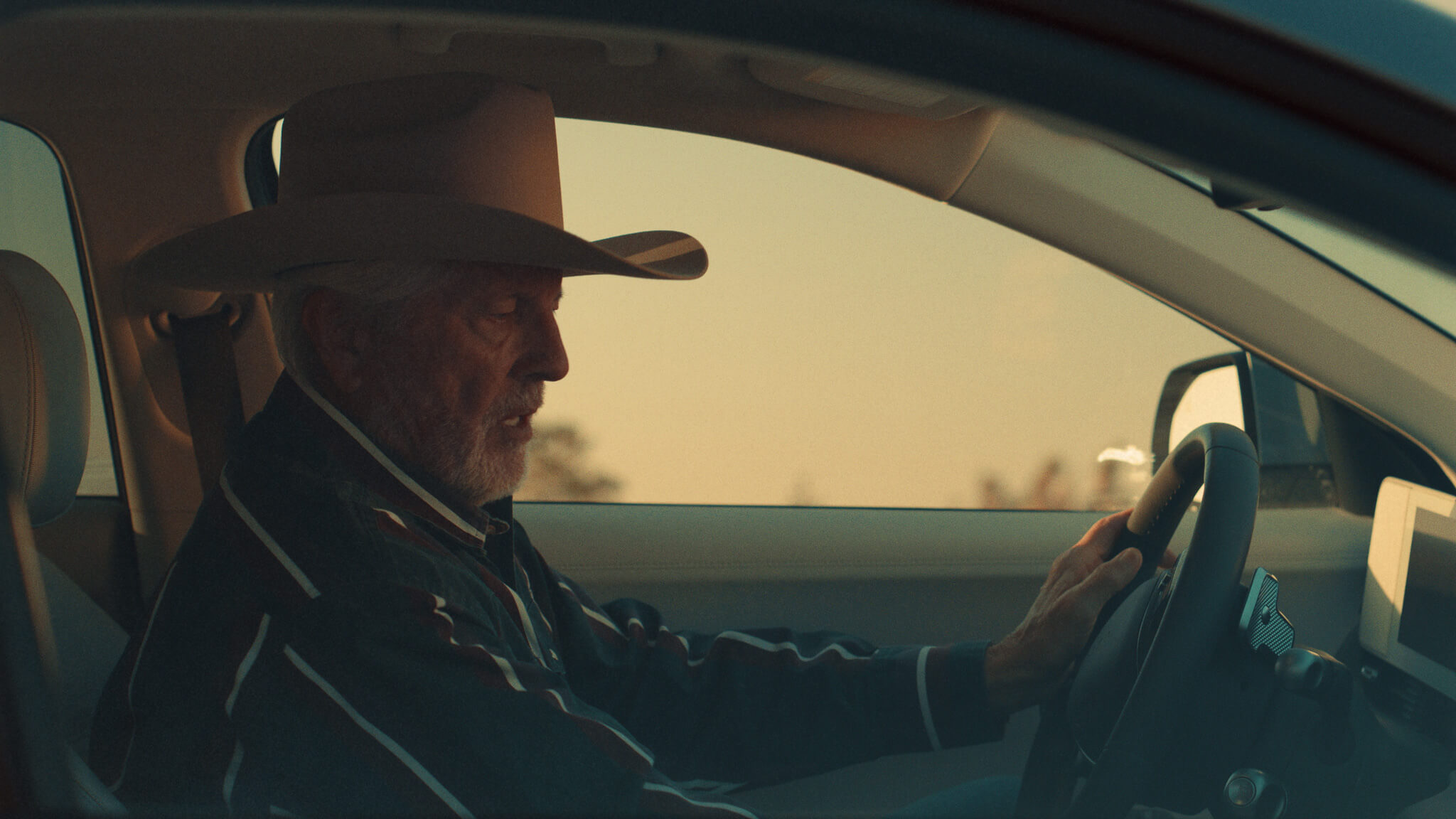 Cowboy seated at the wheel with his hat pulled low